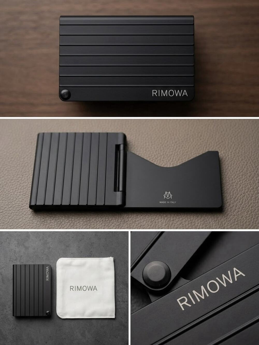 RIMOWA Matte Black Aluminum Card Holder - Grooved Wallet RFID Safe Made in Italy